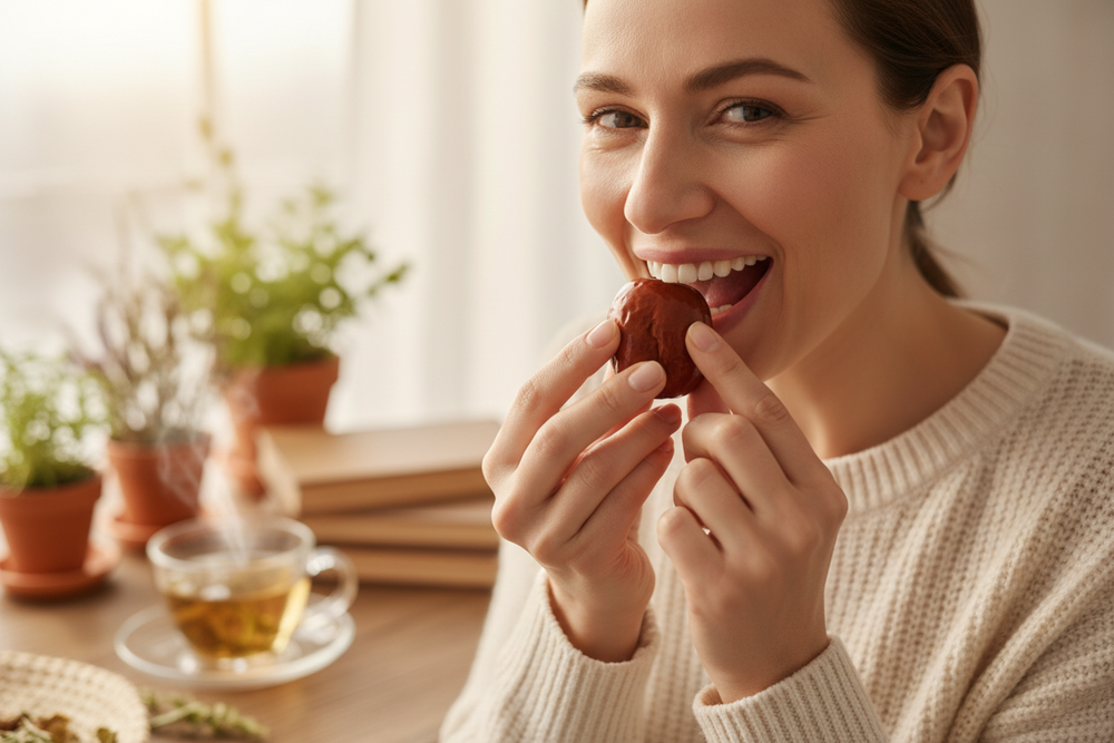 Femme européenne croquant une jujube