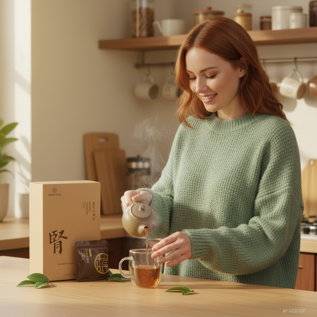 Glow – Femme rousse pull jade au comptoir